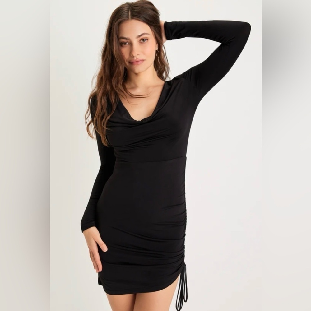 Lulu's Serious Stunner Black Ruched Long Sleeve Bodycon Dress Size S NWT